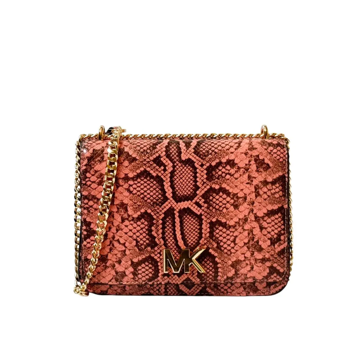 Michael Kors Mott LG Chain Shoulder Flap Embossed Leather Bag Peach Multi
