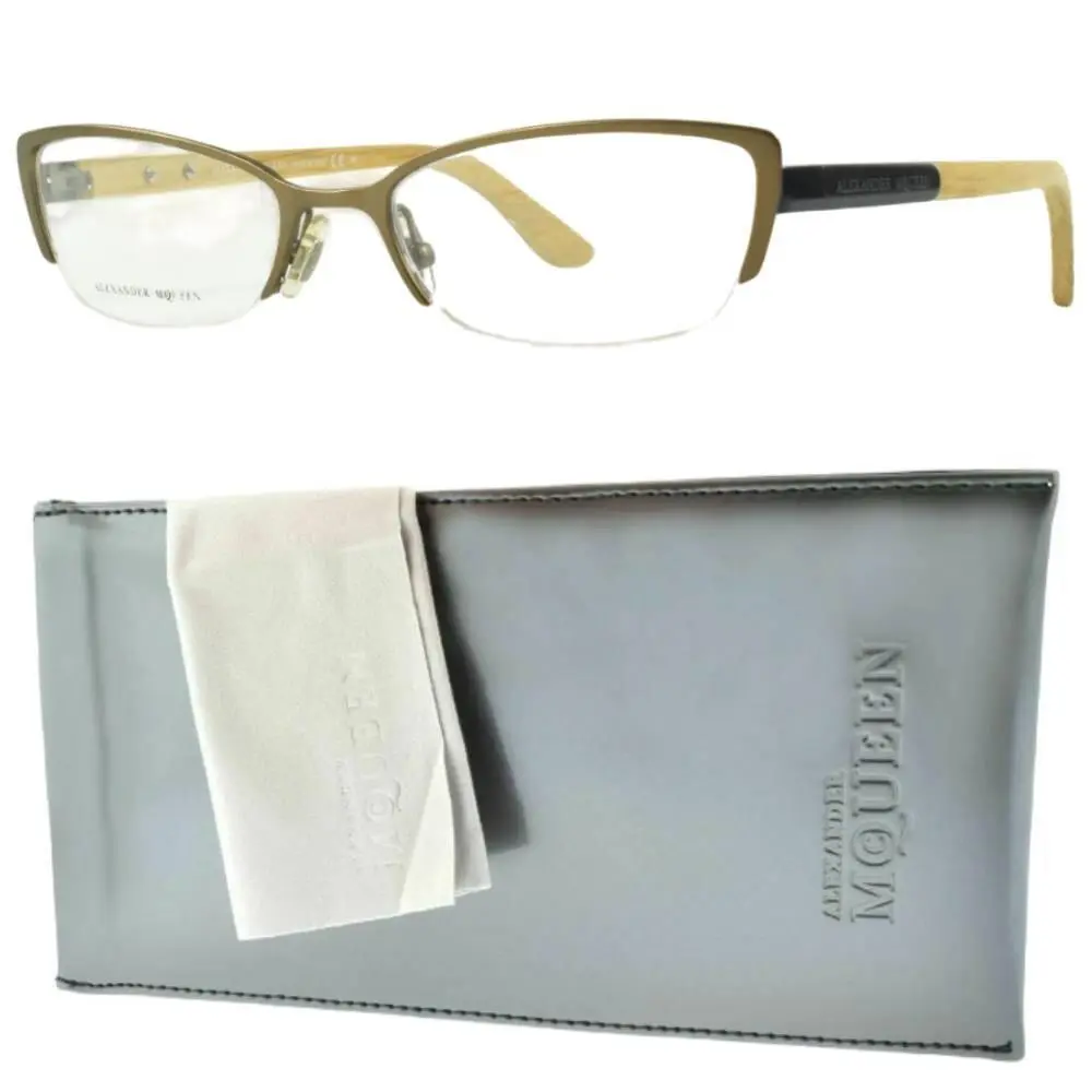 Alexander Mcqueen Amq 4183 Wcu Women Semi Rim Rectangular Brown Beige Wood Frame by Alexander McQueen