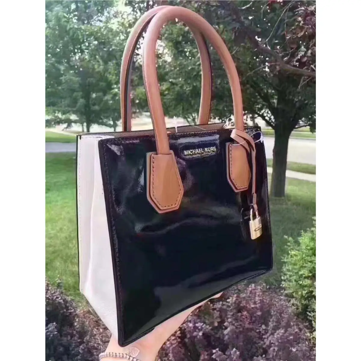 Mercer Studio Medium Messenger Tote Leather Lock Black Bag by Michael Kors