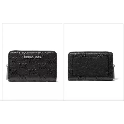 W Tags Michael Kors Small Leather Black Embossed Card Case Wallet Zip Around