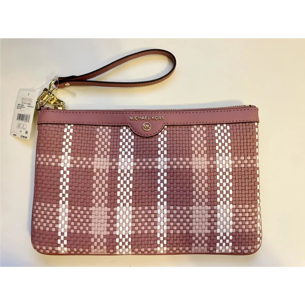 Michael Kors Jet Set Large Zip Woven Leather Wristlet Wallet Rose Pink