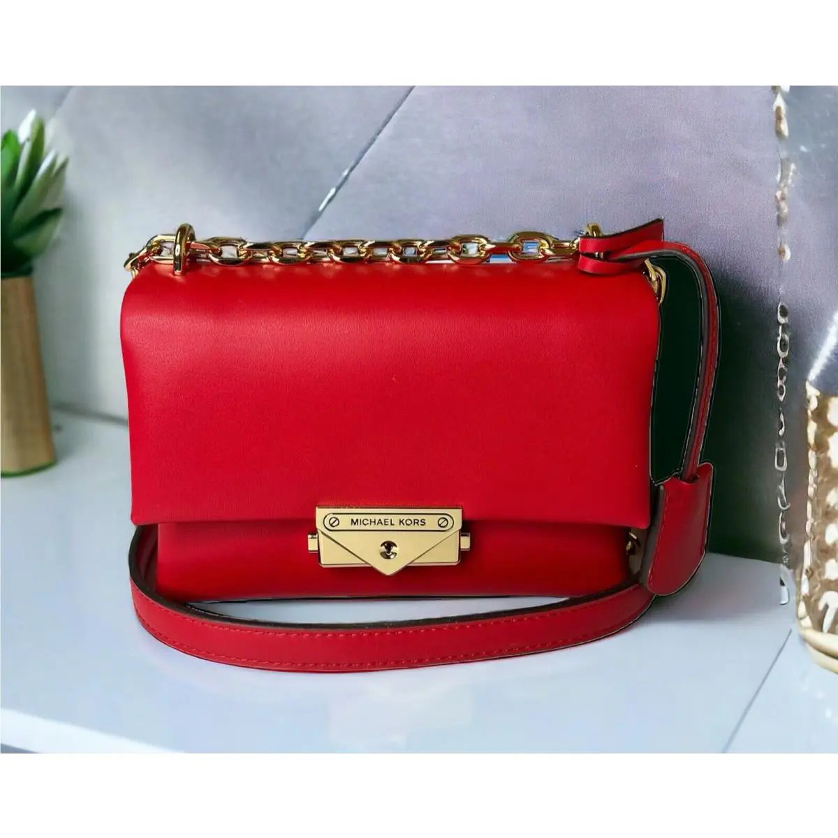 Michael Kors Cece Small Red Leather Convertible Flap Crossbody Bag - Handle/Strap: Red, Hardware: Gold, Exterior: Red
