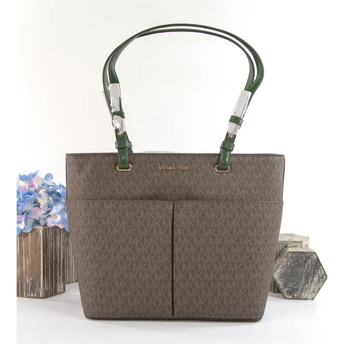 Michael Kors Brown Monogram Moss Leather East West Top Zip Pocket Tote Bag