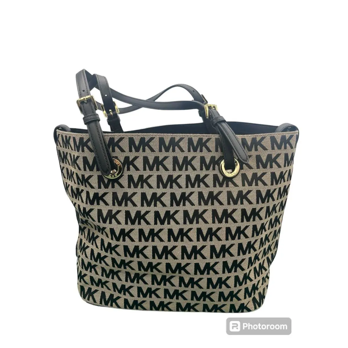 Michael Kors Jet Set Signature Bag Tote Tan/black Jacquard Leather