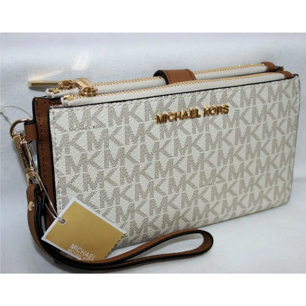 Michael Kors MK Signature Double Zip Phone Case Wallet Wristlet Vanilla