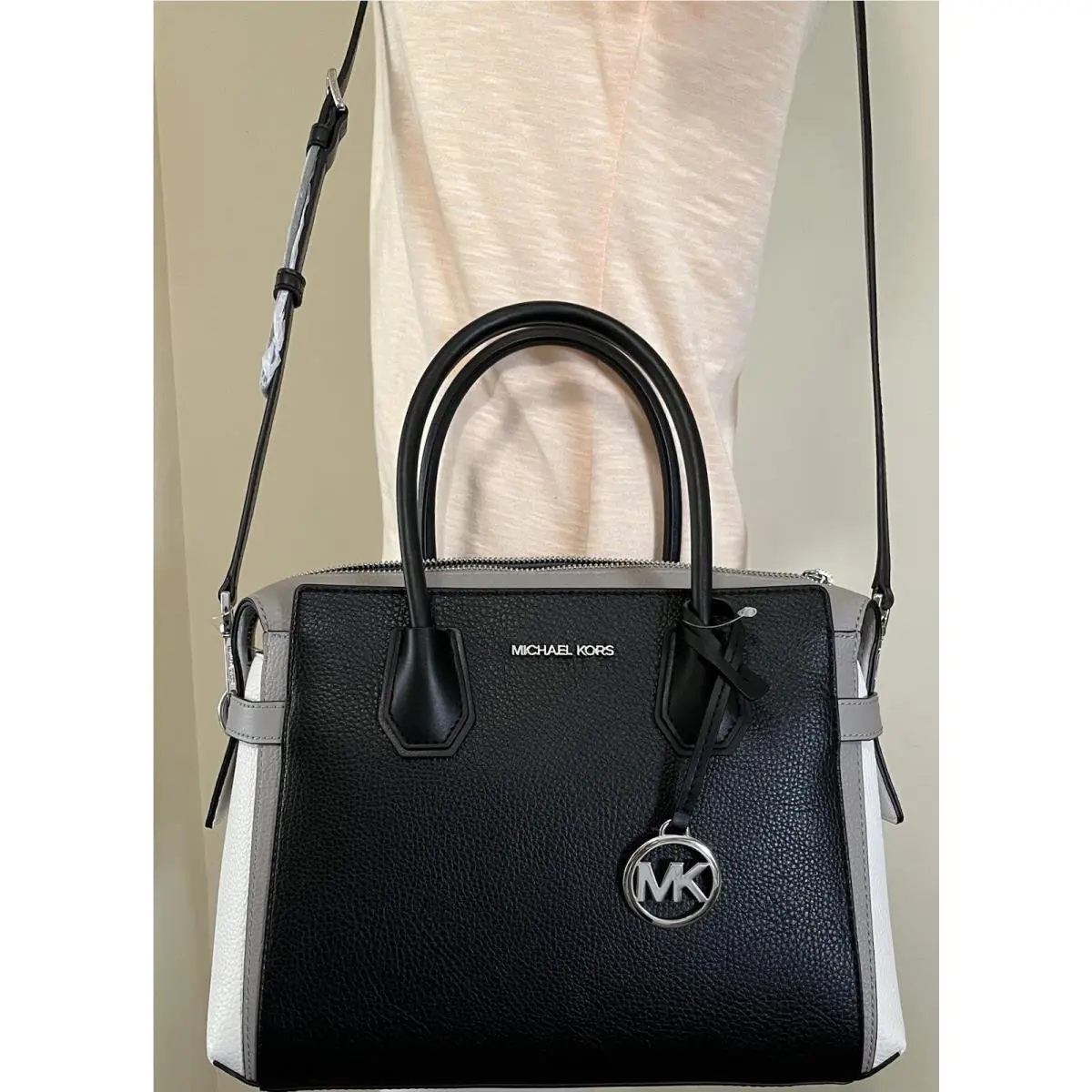 Michael Kors Mercer Belt Medium Black Grey Leather Satchel Messenger Bag