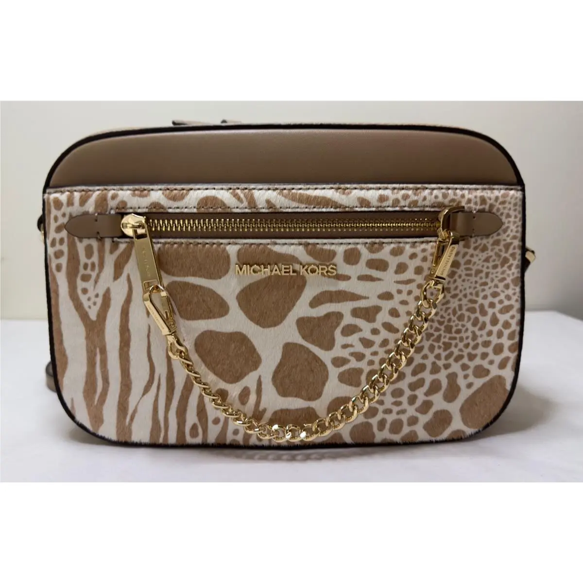 Michael Kors Jet Set Zebra Camel Leather Haircafl Zip Chain Crossbody Bag