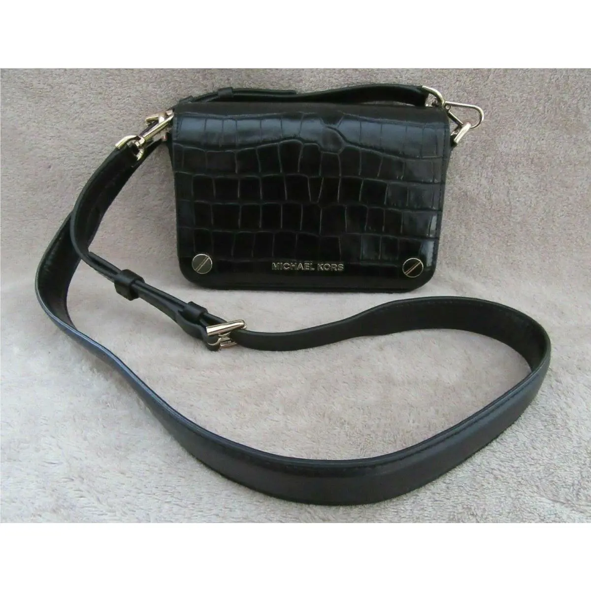 Michael Kors Jet Set Small Full Flap Black Leather Crossbody Handbag Purse