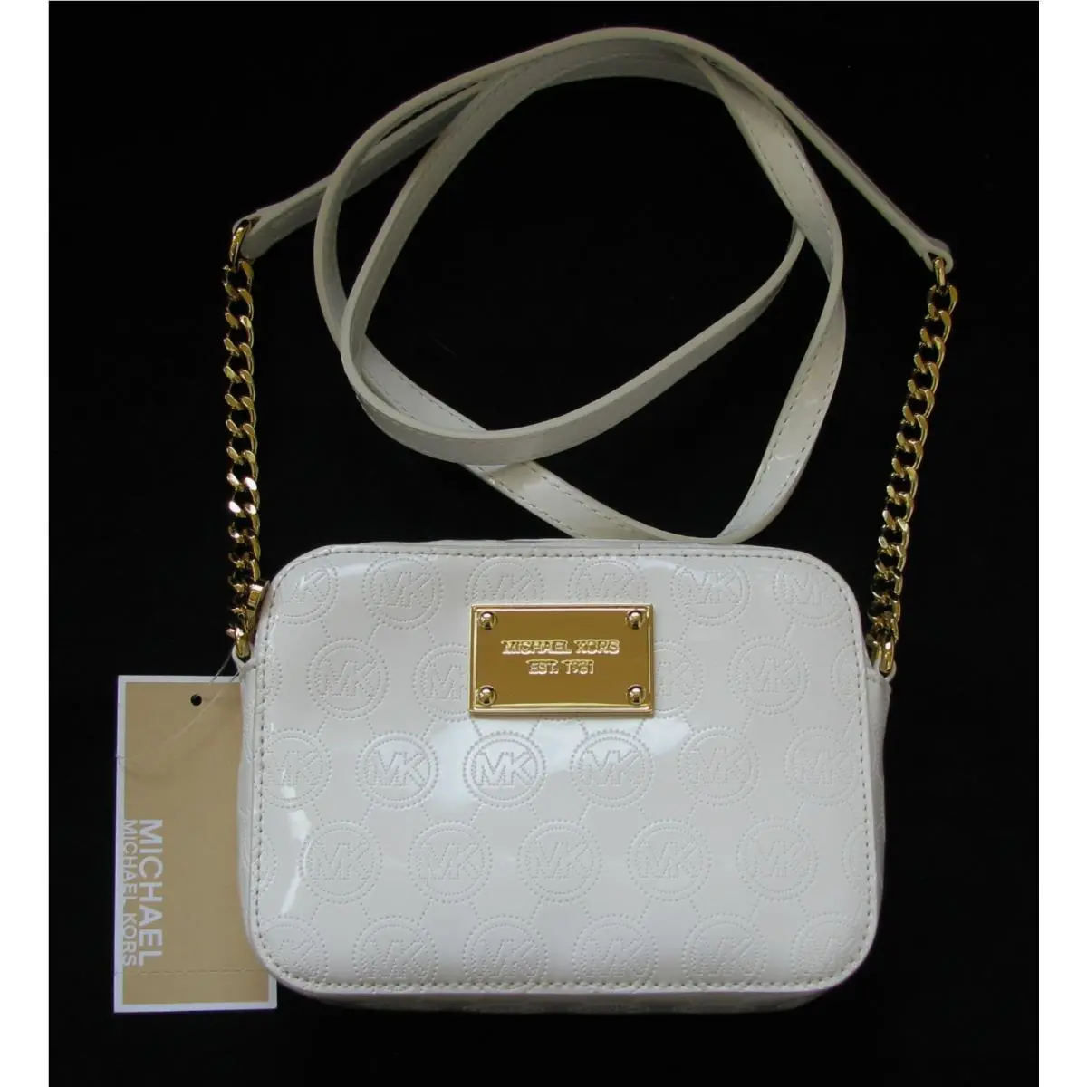 New-michael Kors Jet Set White Mirror Metallic+gold Chain Crossbody Hand Bag+tag