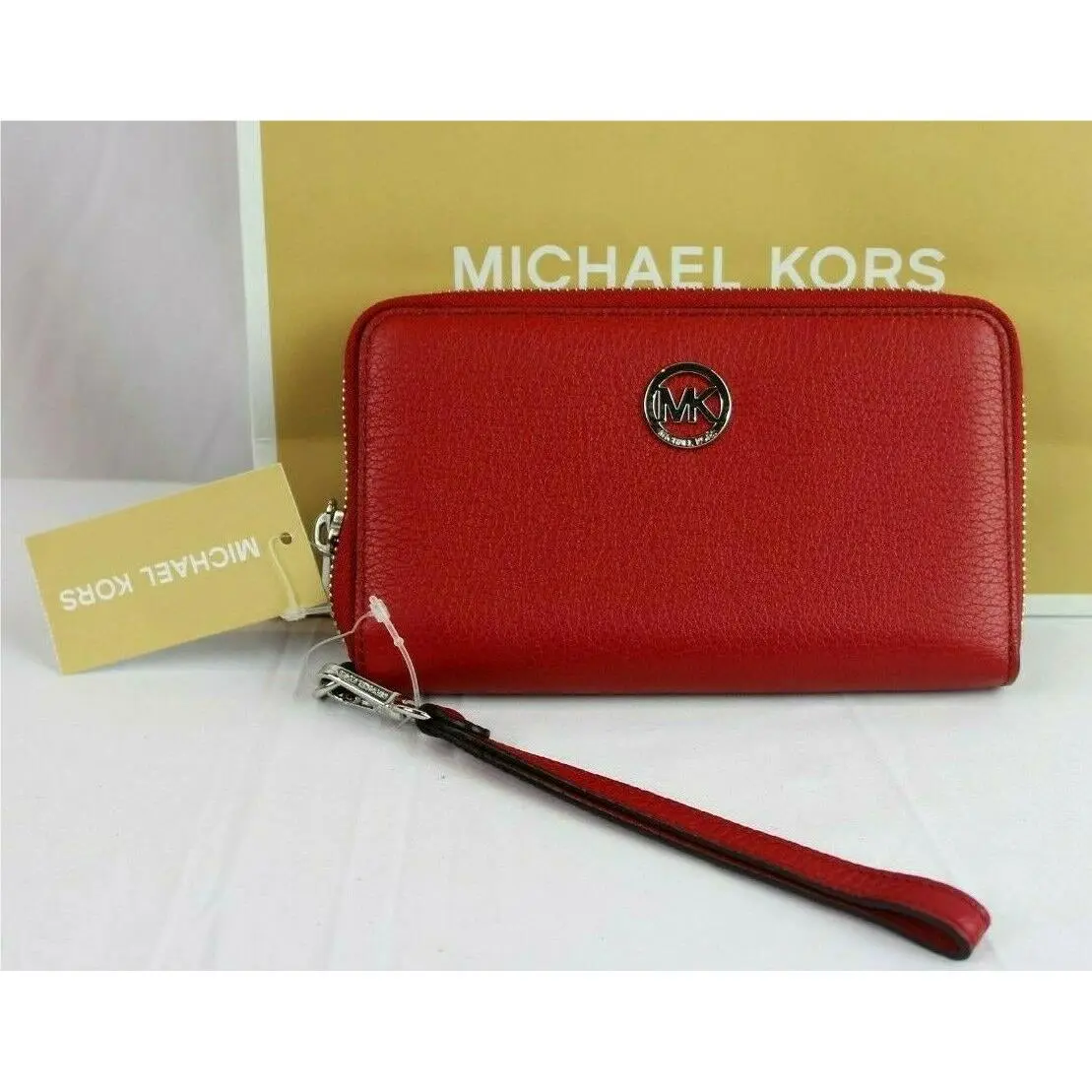 Michael Kors Large Wallet Wristlet Phone Case Fulton Red Leather