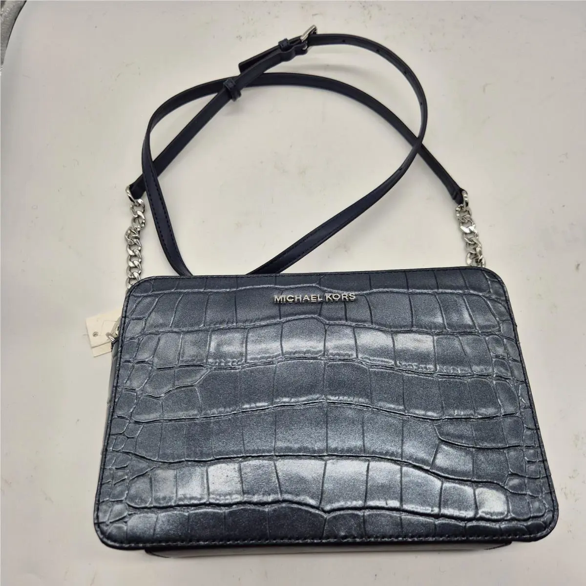 Michael Kors Crossbody Handbag Purse Jet Set Large Leather Navy Metallic