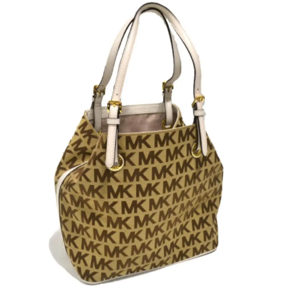 Michael Kors MK Signature Beige Jacquard Leather Grab Bag Convertible Tote