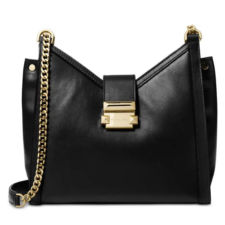 Michael Kors Whitney Chain Polished Leather Shoulder Bag Black Gold Tote