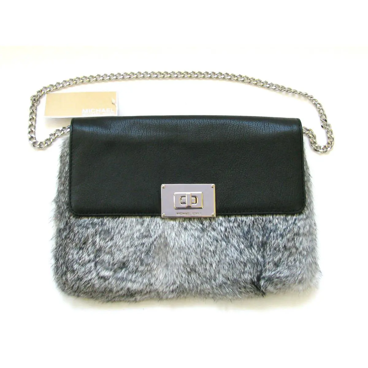 Michael Kors Sloan Silver Rabbit Fur+black Leather Clutch Shoulder Bag