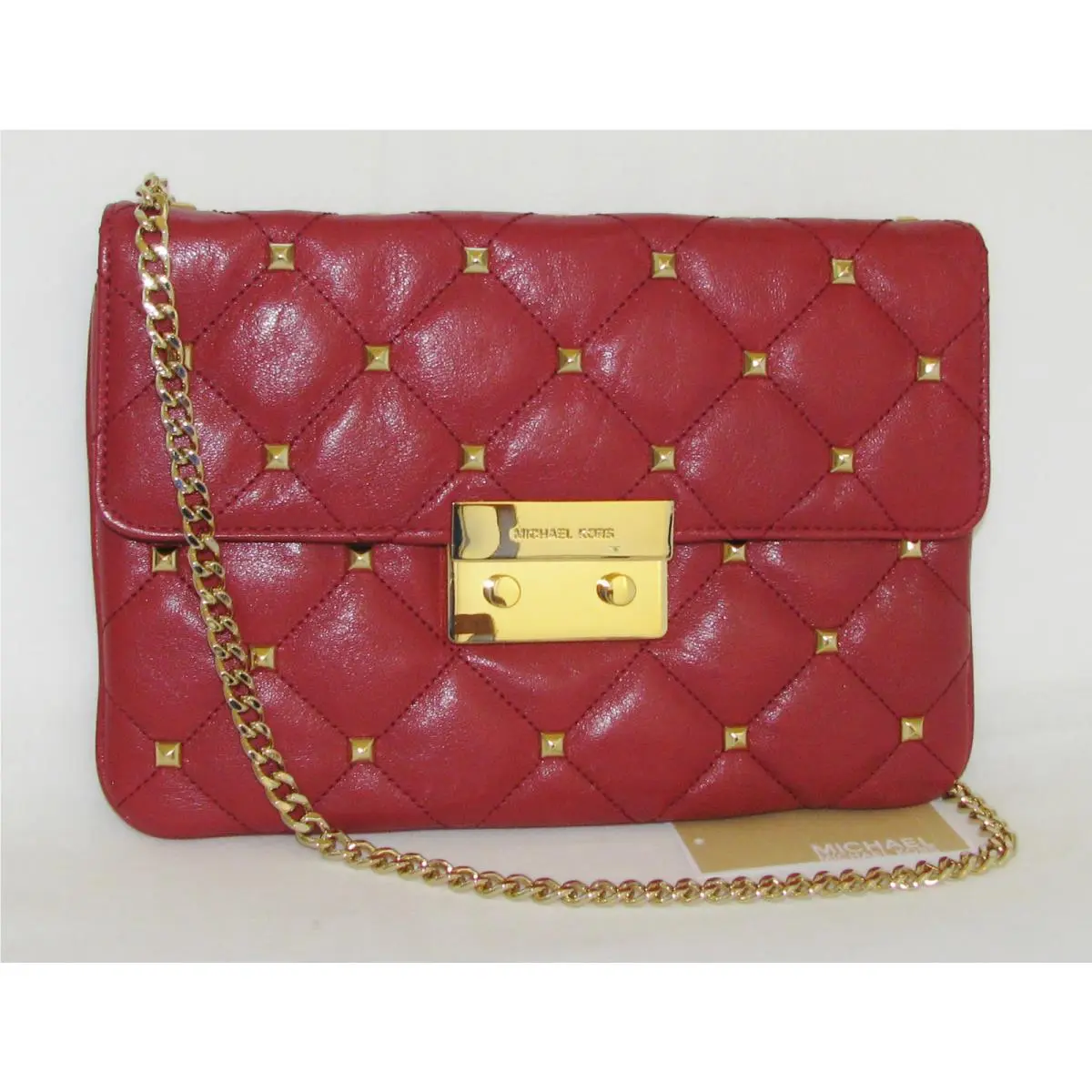 New-michael Kors Sloan Quilt Stud Red Leather+gold Clutch Shoulder/hand Bag+tag