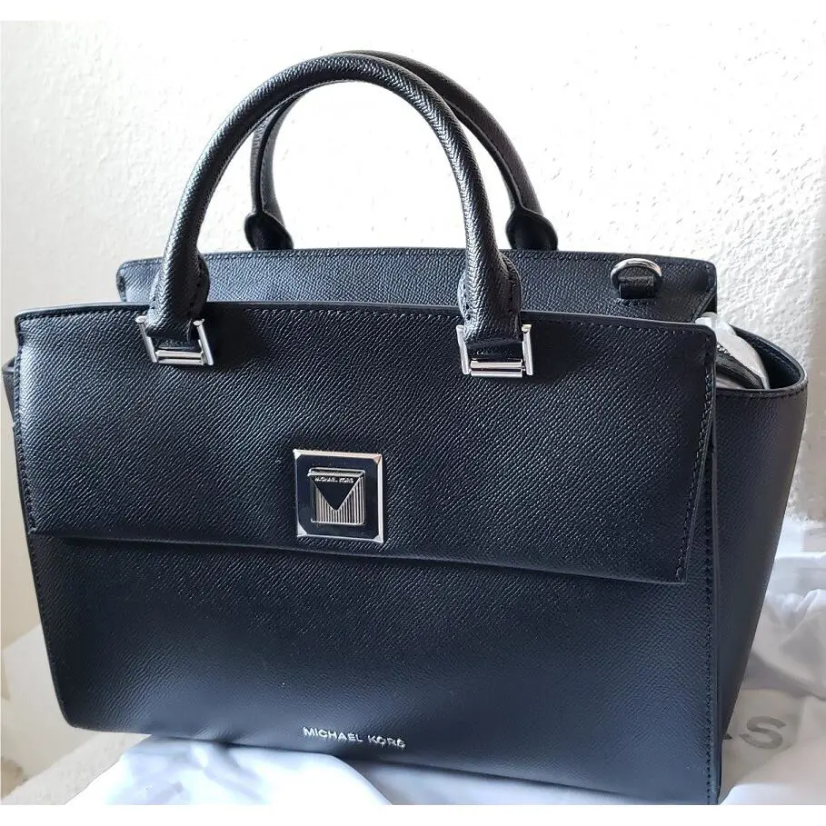 Michael Kors Sylvia Black Medium Leather Top Zip Satchel Shoulder Bag
