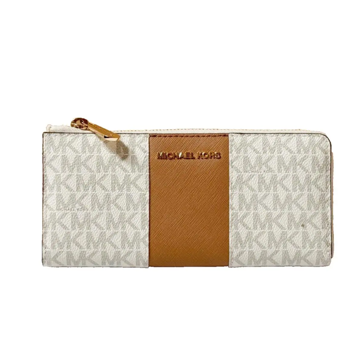 Michael Kors Jet Set Travel LG Three Quarter Zip Leather Wallet MK Vanilla Acorn