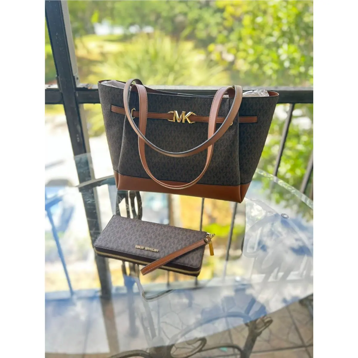 Michael Kors Reed Large Tote Shopper Shoulder Handbag Purse Bag Brown + Wallet