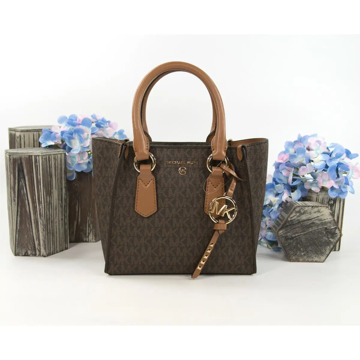 Michael Kors Brown Monogram Acorn Leather Kris Small Satchel Shoulder Bag
