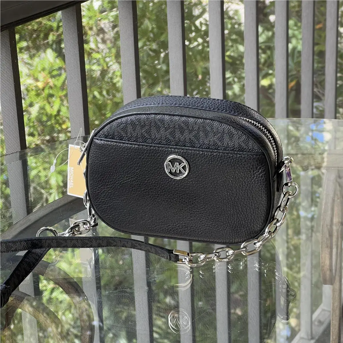 Michael Kors Jet Set Glam Small Oval Crossbody Leather Black Handbag Bag Purse