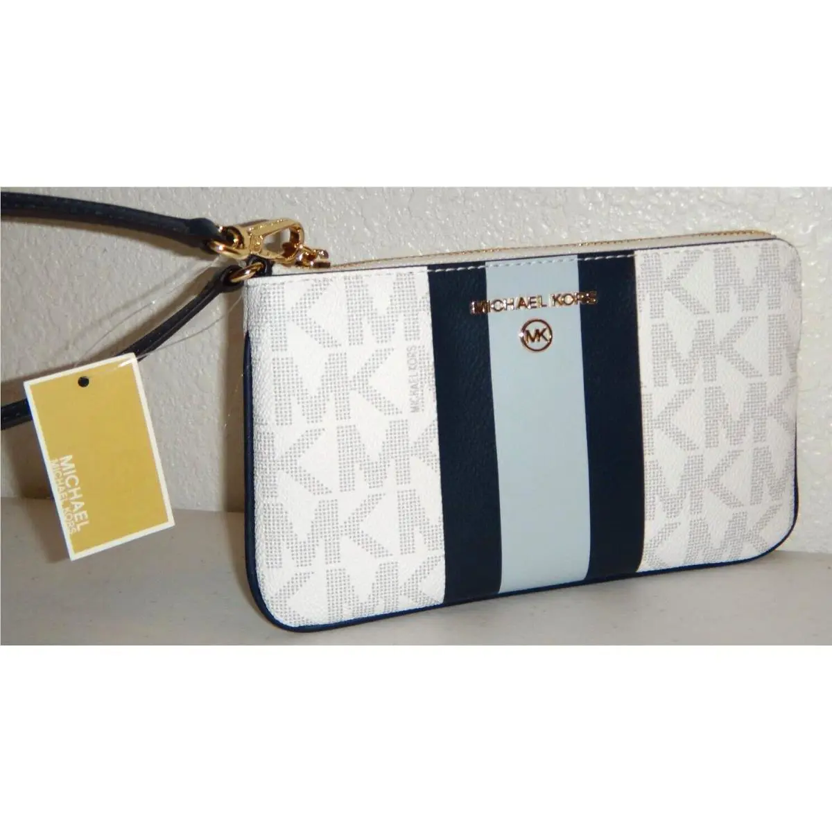 Michael Kors Center Stripe MK Signature Clutch Wrist-let Wallet White Navy Blue