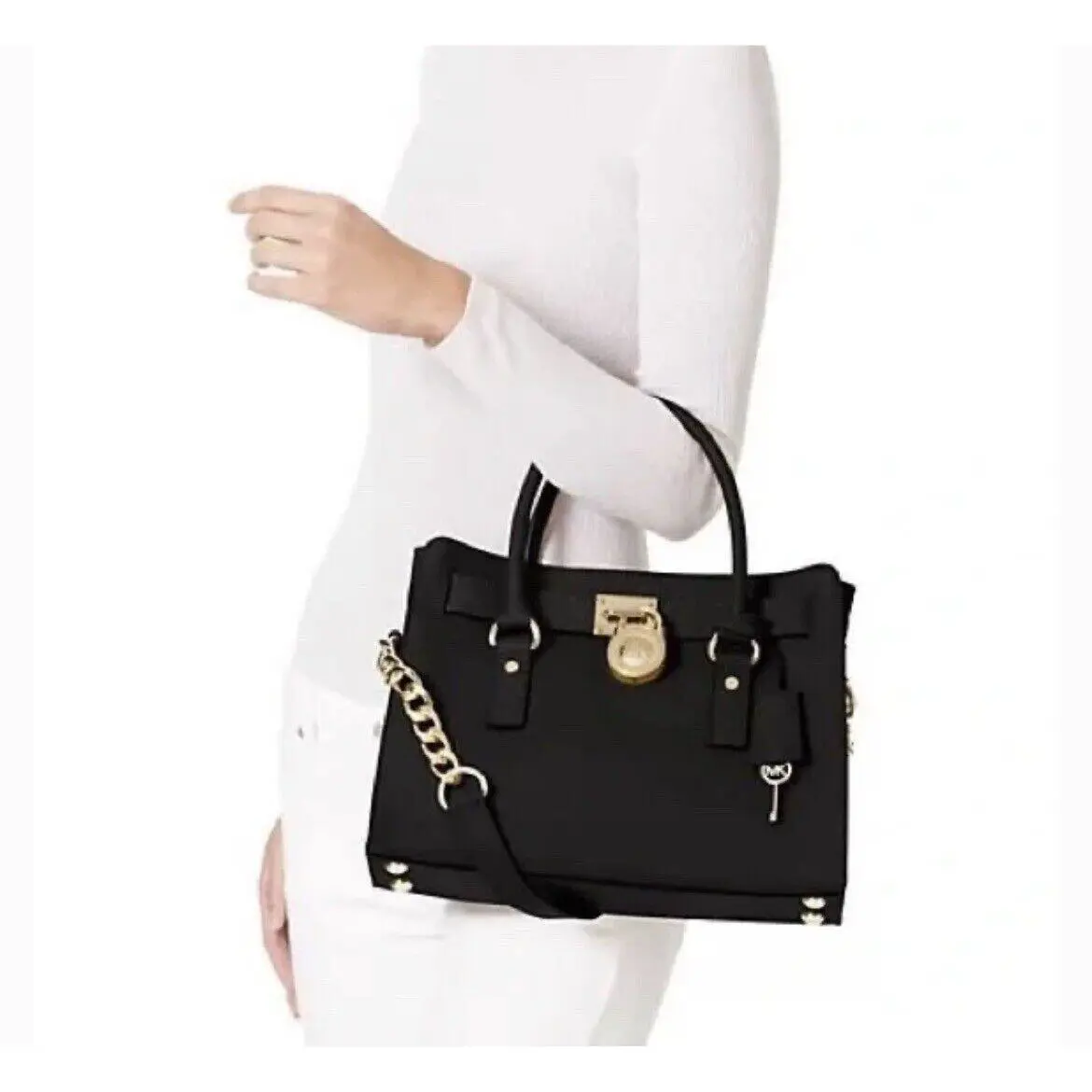 Michael Kors Hamilton Satchel Shoulder Bag E/w Black Saffiano Leather