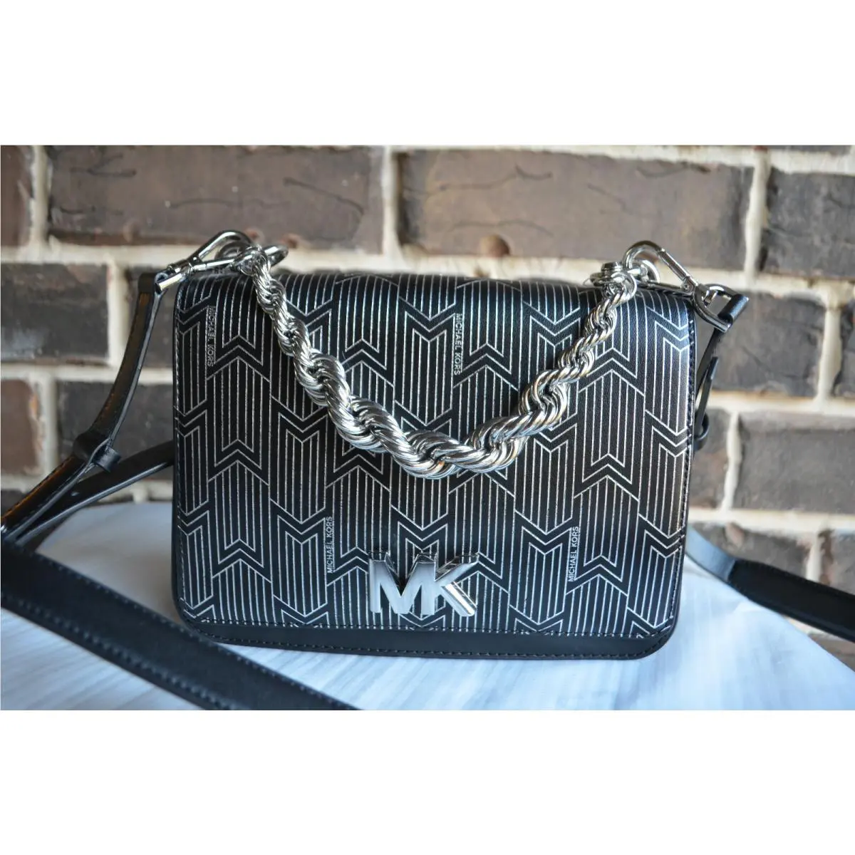 Michael Kors Mott Large Twisted Chain Swing Shoulder Bag Black Silver