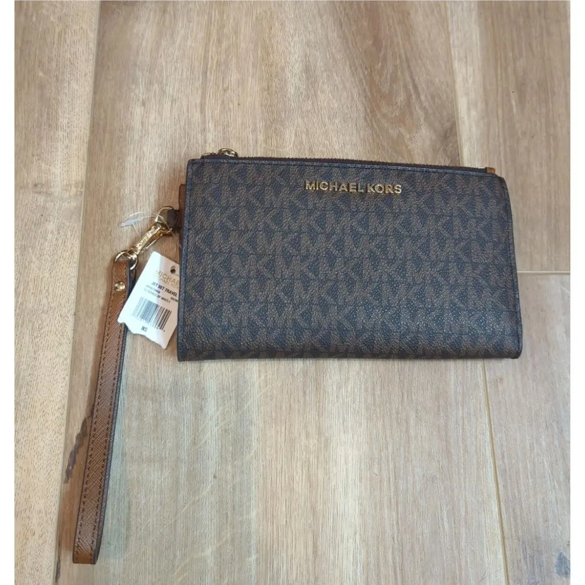 Jet Set Travel Double Zip Wristlet Wallet Brown Gold MK Logo by Michael Kors