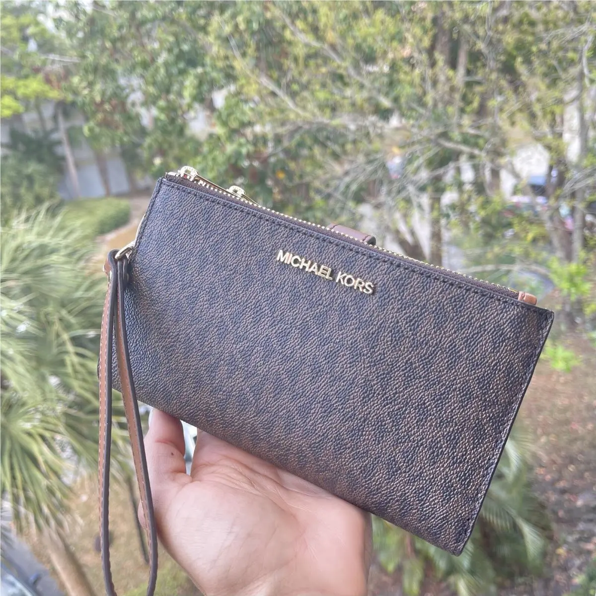 Michael Kors Women Double Zip Zipper Phone Case Wallet Wristlet Clutch Brown MK