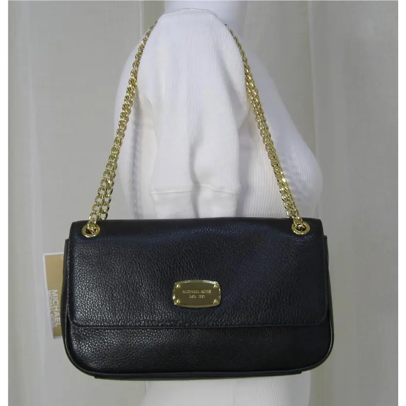 Michael Kors Jet Set Black Leather/gold Chain Small Shoulder Flap Bag Purse