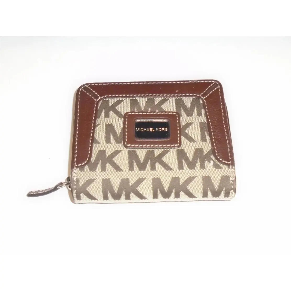 Michael Kors Brookville Beige Ebony Mocha Canvas Jacquard Zip Bifold Wallet