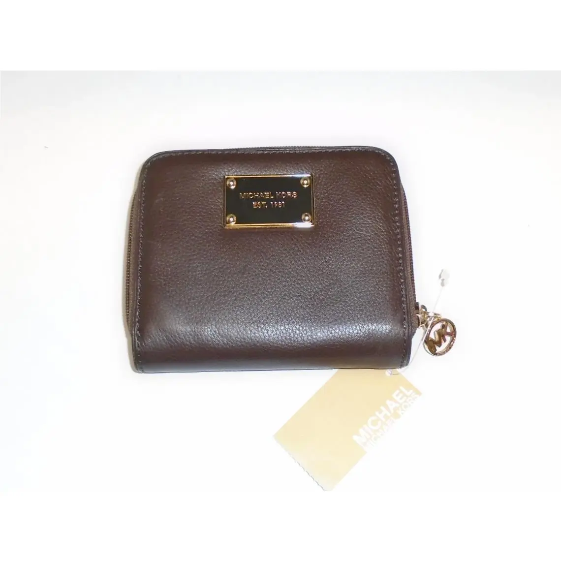 New-michael Kors Item Mocha Brown Leather Bi-fold Zip Around Wallet Clutch+co