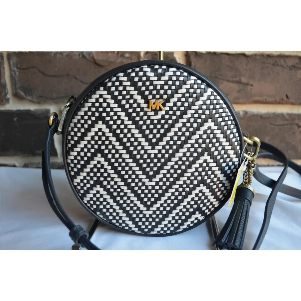 Michael Kors Admiral Optic White Woven Leather Medium Canteen Crossbody
