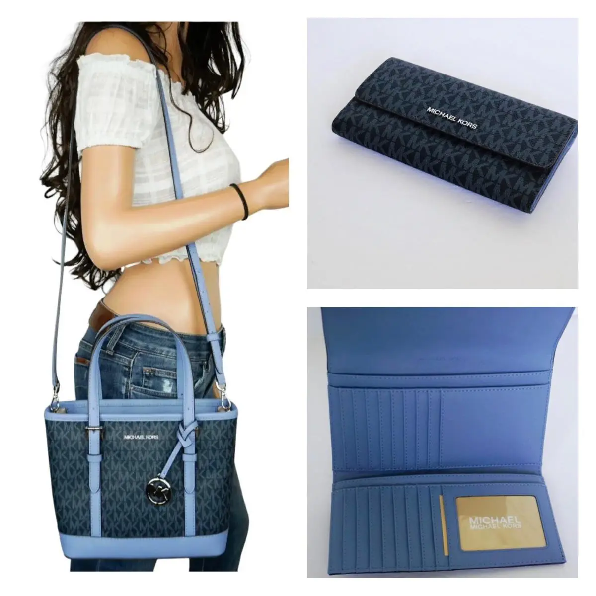Michael Kors Istanbul Jst XS Carryall Tote Shoulder Bag + Wallet MK French Blue