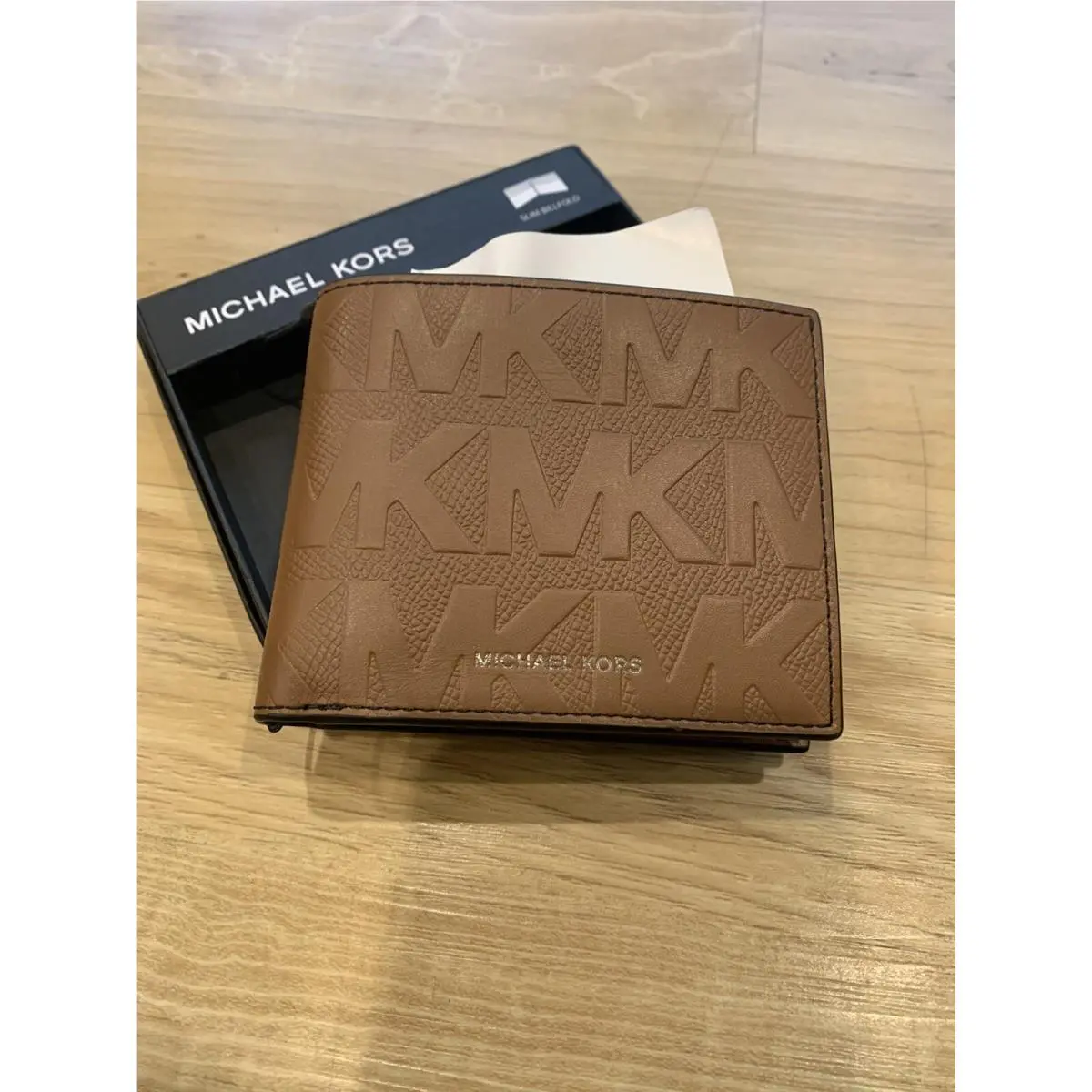 Michael Kors Men’s All Over MK Logo Print Leather Slim Billfold Wallet Brown
