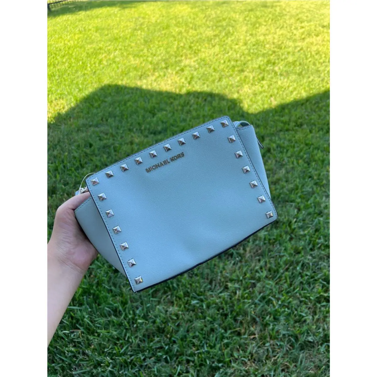 Michael Kors Selma Studded Saffiano Leather Messenger Celadon Handbag