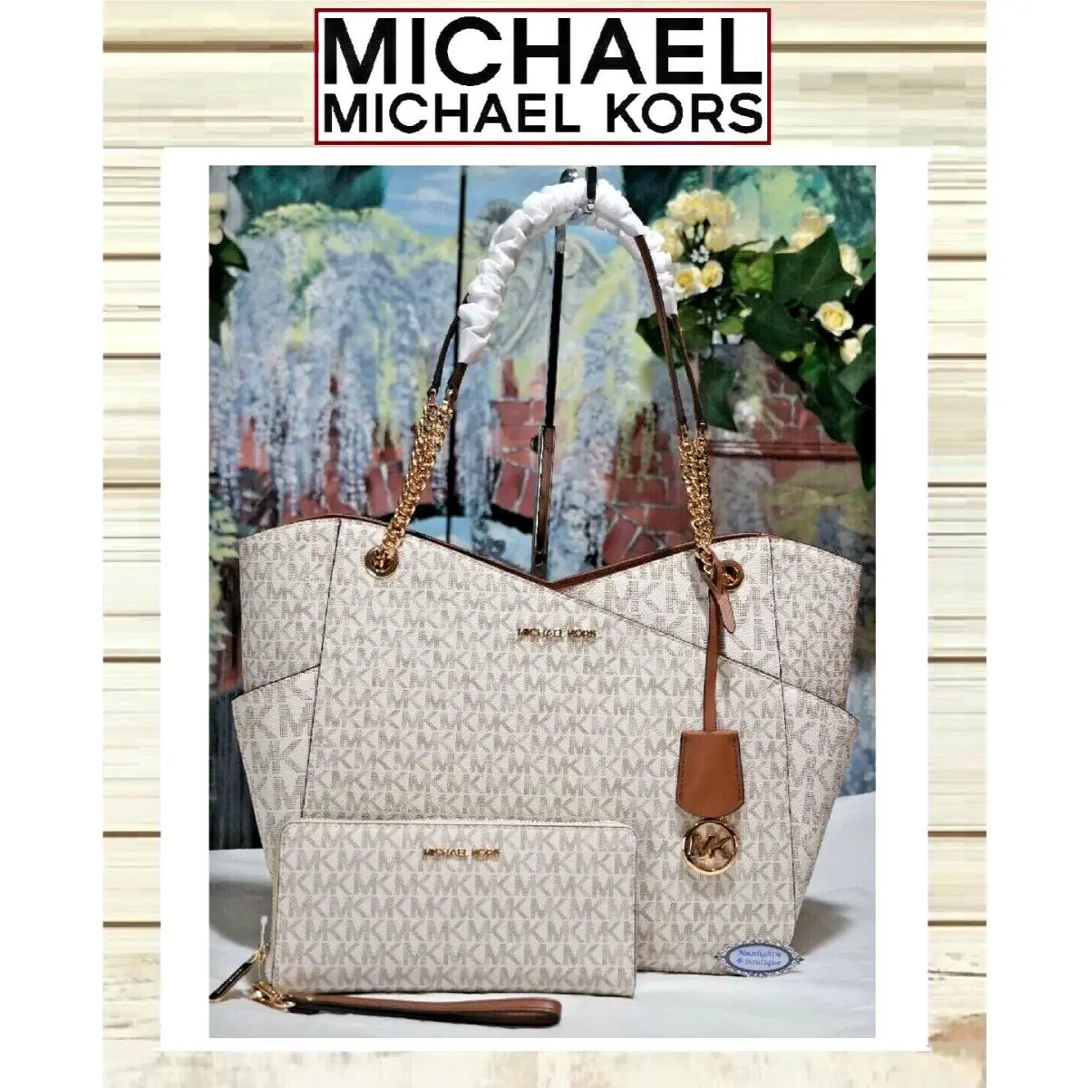 Michael Kors Jet Set Travel Large Chain Shoulder Bag + Wallet Set In Vanilla