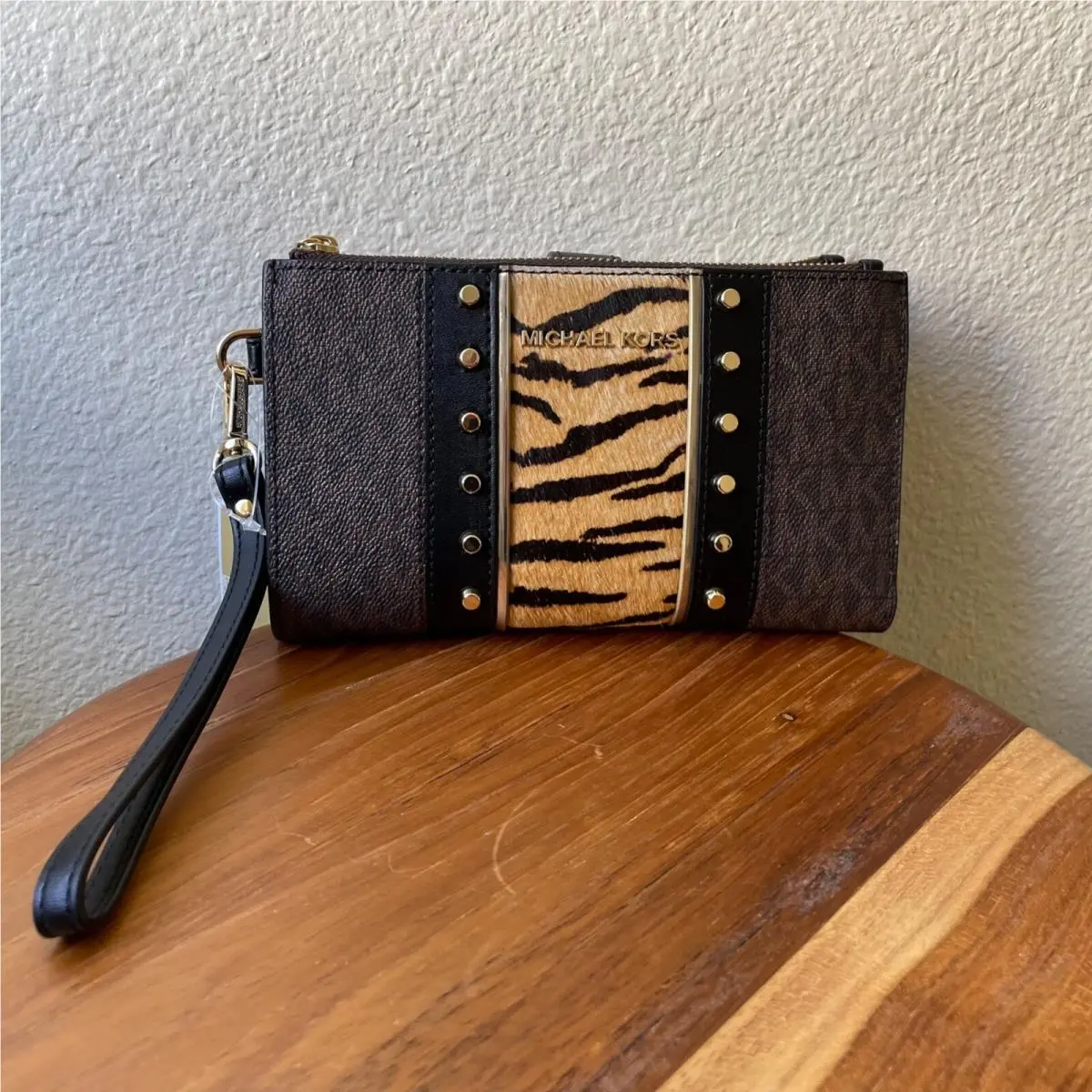 Michael Kors Purse Jet Set Double Zip Wristlet Brown Logo Tiger Calf Hair Bag