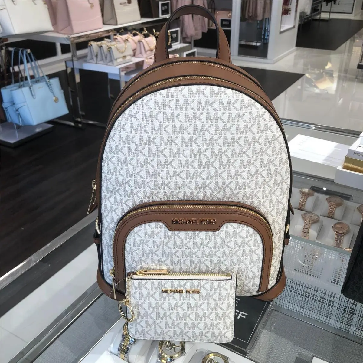 Michael Kors Jaycee Womens MD Travel School Backpack Shoulder Bag Vanilla+wallet