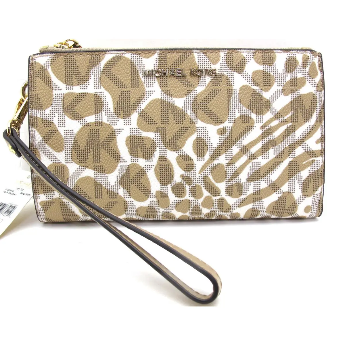 Michael Kors Jet Set Double Zip Wristlet/wallet Pvc/leather Camel