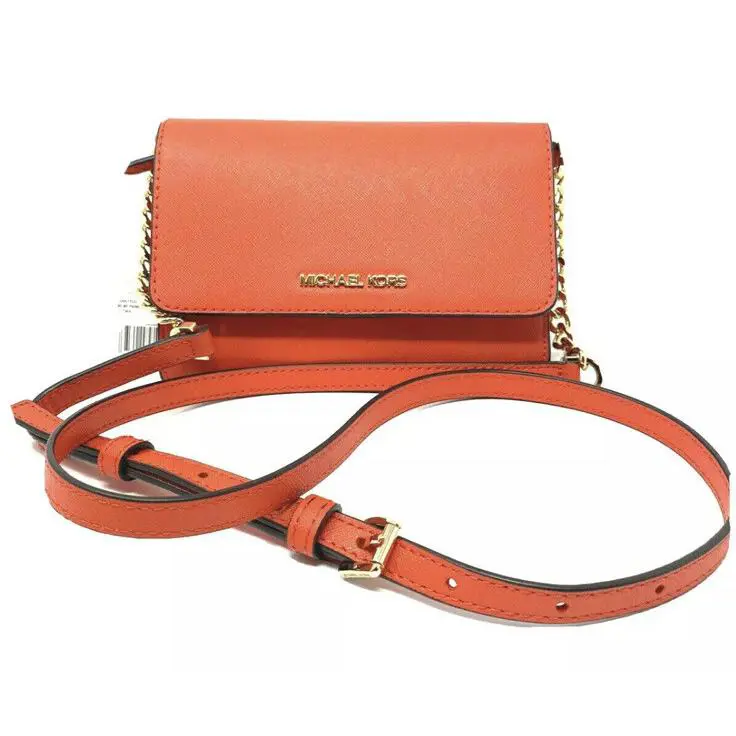 Michael Kors Jet Set Travel Medium Phone Case Crossbody Xbody Orange Leather