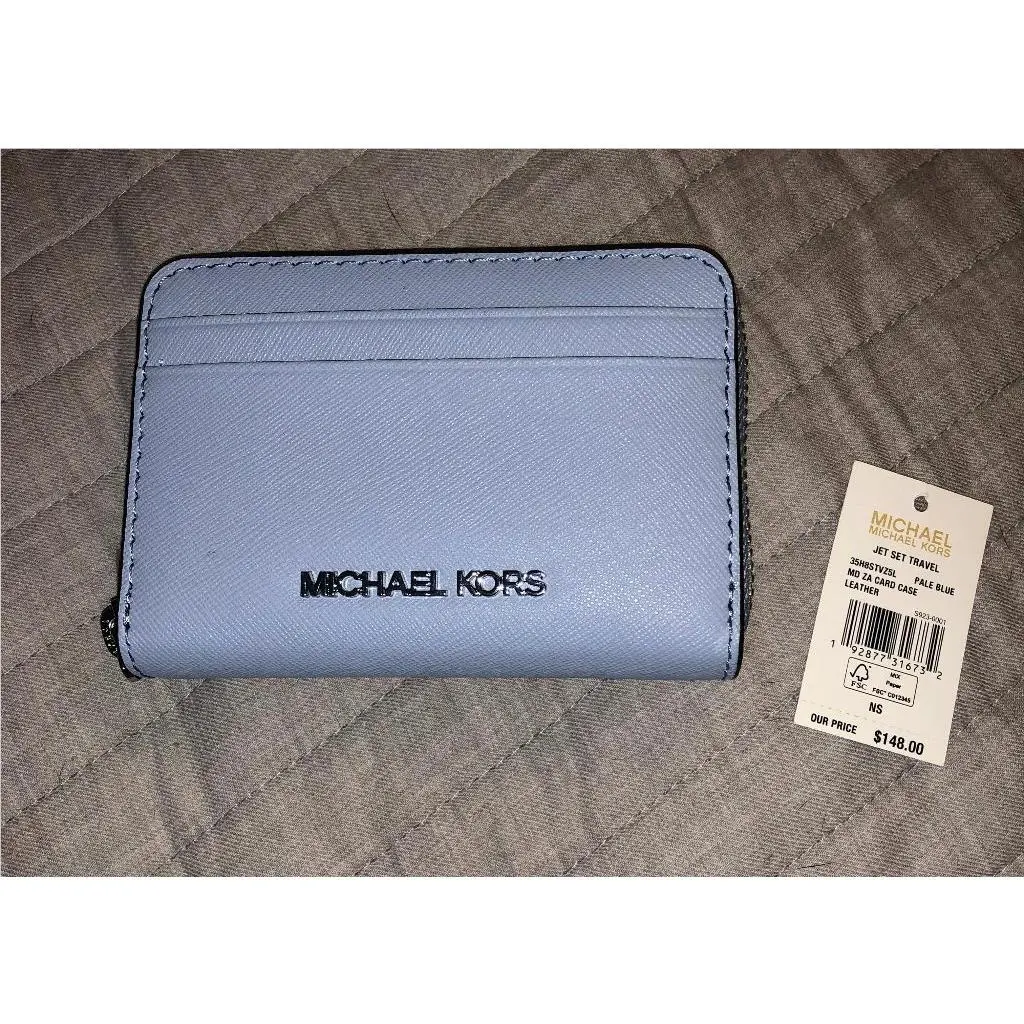 Michael Kors Money Pieces Zip Around Card Case Wallet Leather Pale Blue