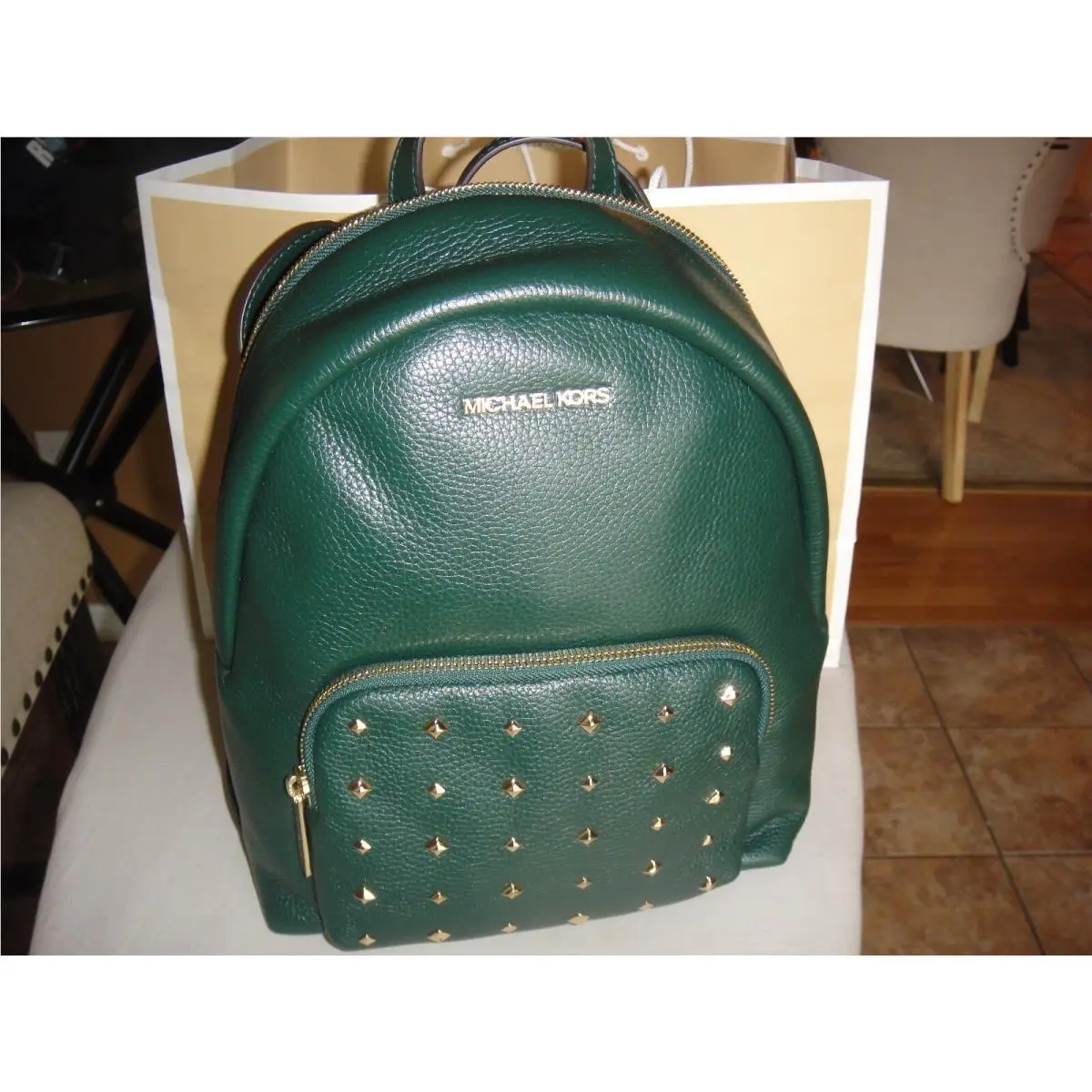 Michael Kors Erin Medium Green Studded Leather Backpack.mfsrp