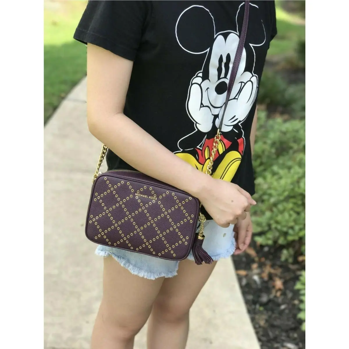 Michael Kors Ginny Grommeted Damson Leather Crossbody Bag