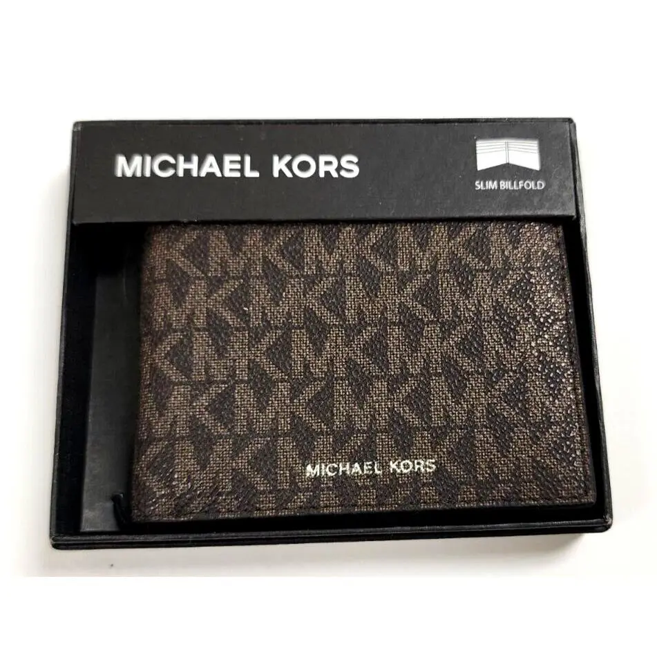 Michael Kors Brown MK Signature Logo Print Slim Bi-fold Men`s Wallet