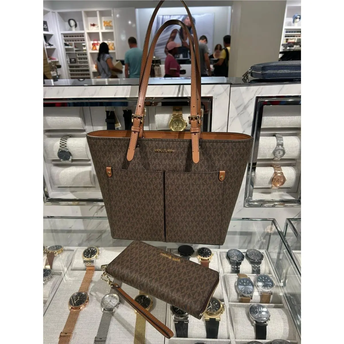 Jet Set Travel MD Double Pocket Tote Bag+continental Wallet Brown by Michael Kors