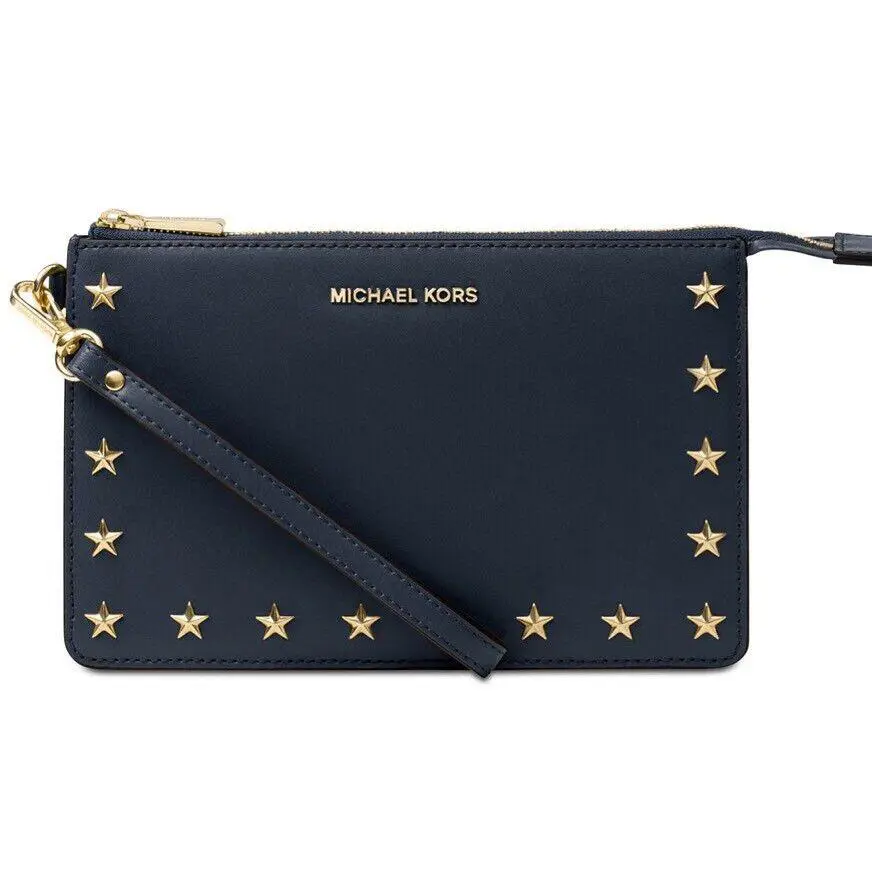 Michael Kors Medium Gusset Wristlet Wallet Organizer Black Star Stud Bag