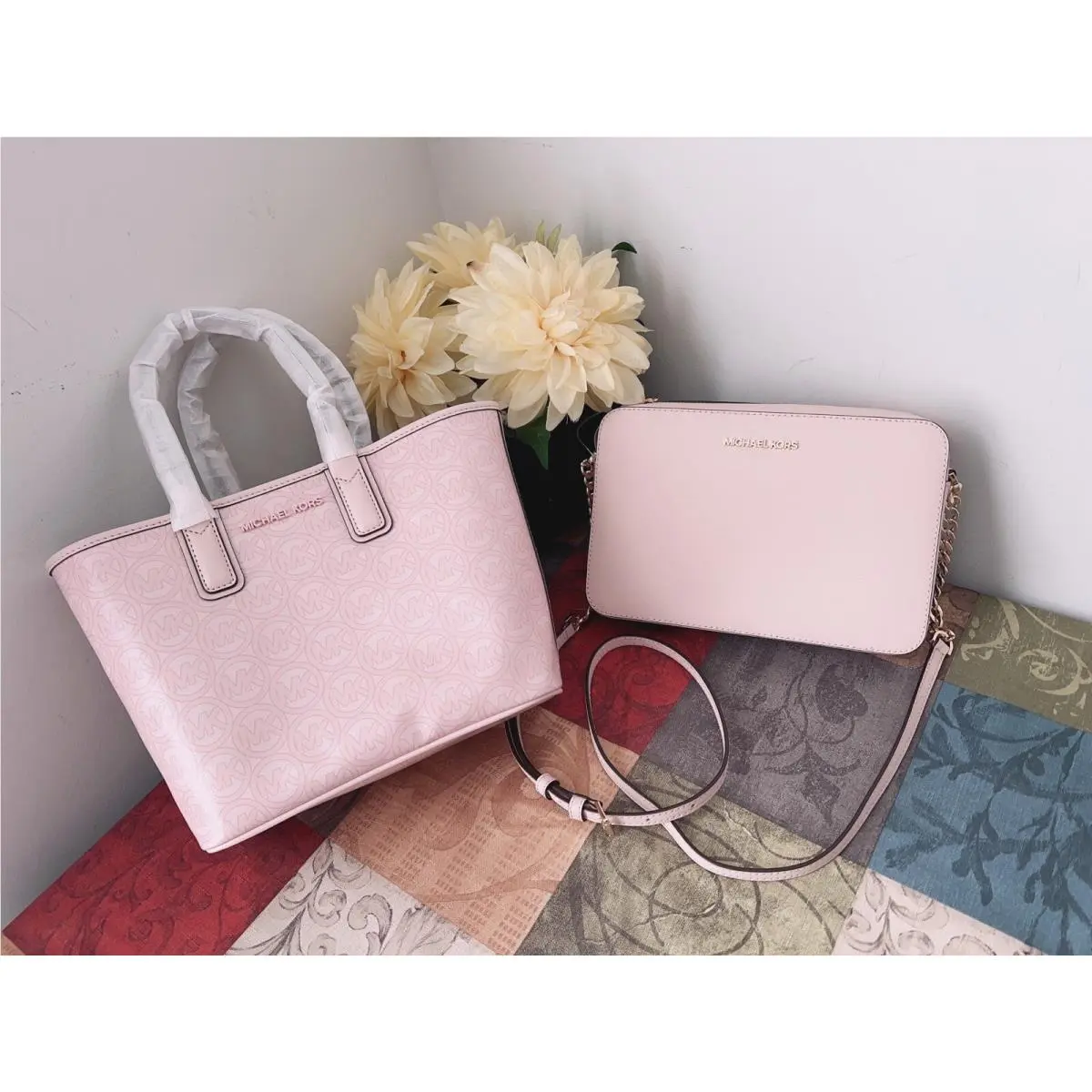 Jodie Small Logo Jacquard Tote Bag + Lg Crossbody In Powder Blush by Michael Kors