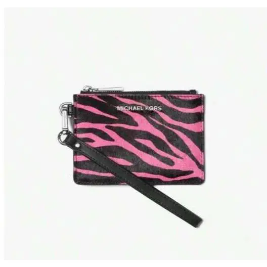 Michael Kors Pink Black Zebra Print Calf Hair Leather Wristlet Coin Purse Wallet