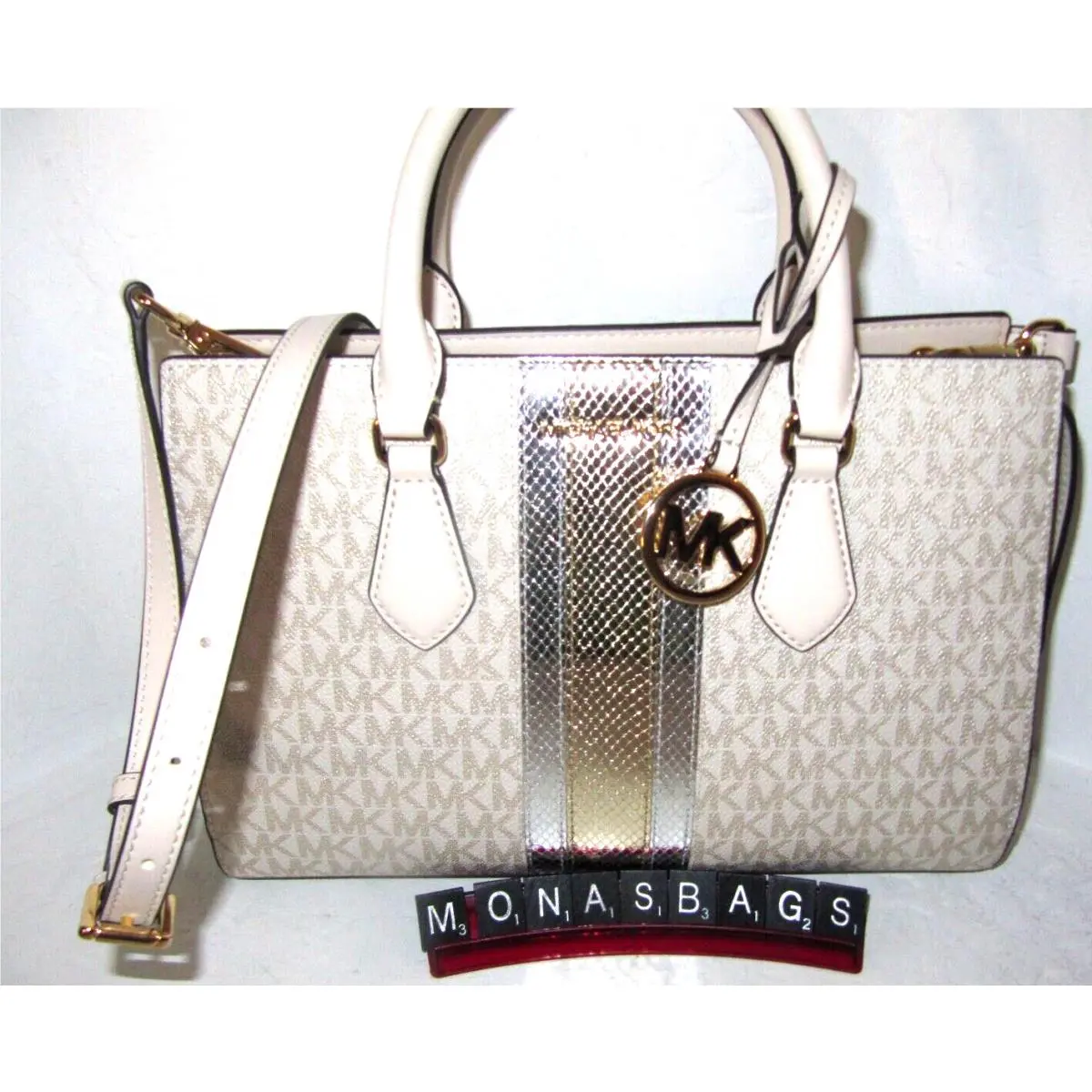 Michael Kors Sheila Medium Signature Logo Pale Gold Metallic Satchel